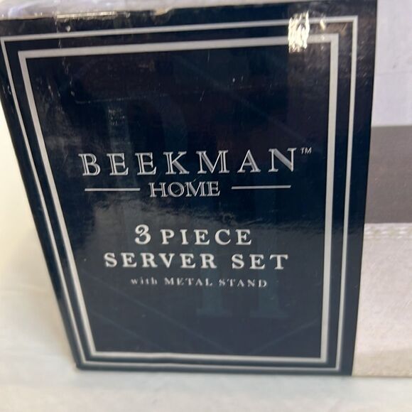 Beekman Home 3 Piece Serving Set Metal Holder 3 White Stone Ware Square Bowls - Picture 2 of 4